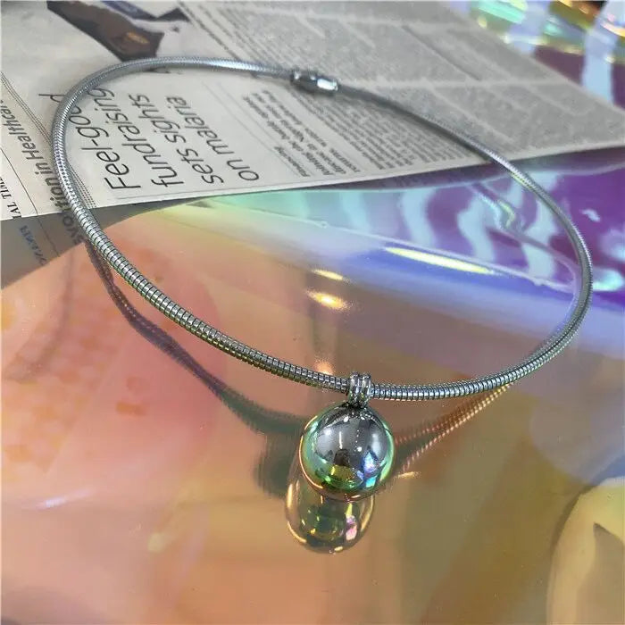 Vintage Silver Choker Necklace Metal Ball Pendant Collar for Women