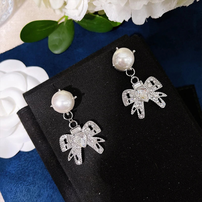 925 Silver Bow Earrings, Pearl Jewelry for Women
