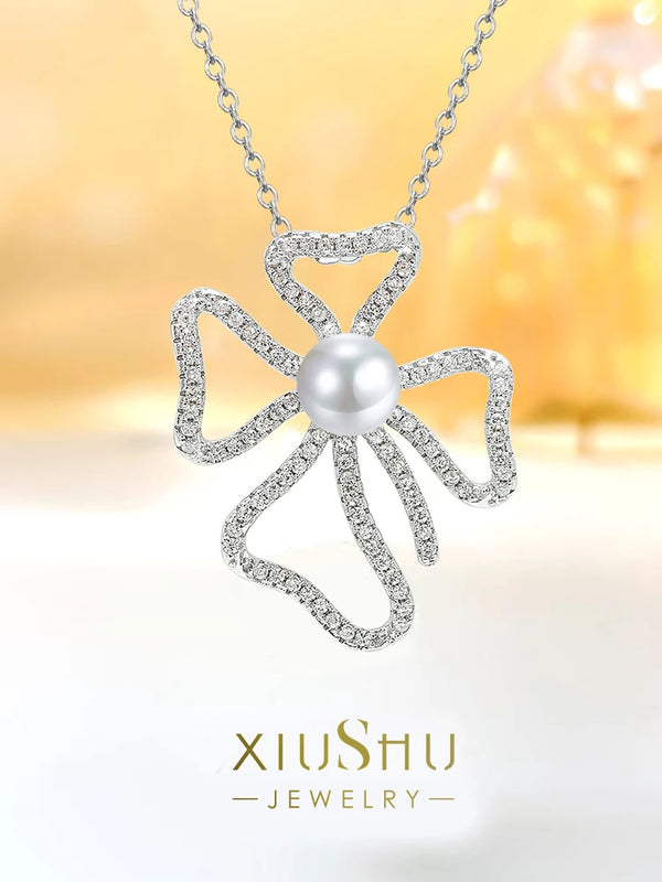 Beimu Pearl Bow Pendant Necklace with Carbon Diamond - Elegant and Versatile