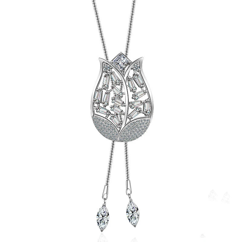 Rose Flower Wedding Long Necklace 925 Sterling Silver Chain for Women