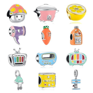 S925 Silver Charm Bread Machine Kitchen TV Beads Pendant