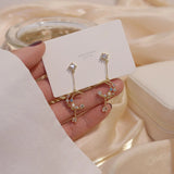 925 Silver Needle Zirconia Diamond Pearl Long Stud Earrings
