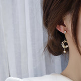 925 Silver Needle Zirconia Diamond Pearl Long Stud Earrings