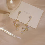 925 Silver Needle Zirconia Diamond Pearl Long Stud Earrings