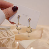 925 Silver Needle Zirconia Diamond Pearl Long Stud Earrings