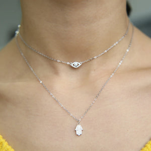 Lucky Hamsa Hand Evil Eye Double Layer Necklace 925 Silver