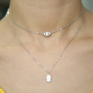 Lucky Hamsa Hand Evil Eye Double Layer Necklace 925 Silver
