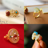 Chinese Enamel Ring with Hetian Jade Inlay, Adjustable Opening