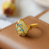 Chinese Enamel Ring with Hetian Jade Inlay, Adjustable Opening