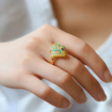 Chinese Enamel Ring with Hetian Jade Inlay, Adjustable Opening