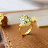 Chinese Enamel Ring with Hetian Jade Inlay, Adjustable Opening