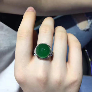 Silver Diamond Natural Dark Green Chalcedony Adjustable Ring