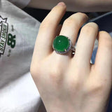 Silver Diamond Natural Dark Green Chalcedony Adjustable Ring