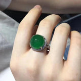 Silver Diamond Natural Dark Green Chalcedony Adjustable Ring