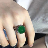 Silver Diamond Natural Dark Green Chalcedony Adjustable Ring