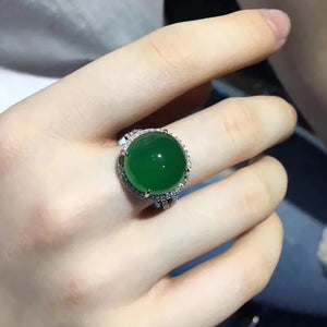 Silver Diamond Natural Dark Green Chalcedony Adjustable Ring