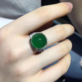 Silver Diamond Natural Dark Green Chalcedony Adjustable Ring