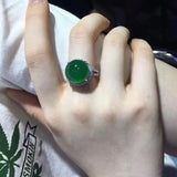 Silver Diamond Natural Dark Green Chalcedony Adjustable Ring
