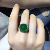 Silver Diamond Natural Dark Green Chalcedony Adjustable Ring