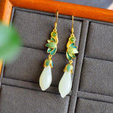 Silver Inlaid Enamel Porcelain Natural Hetian Magnolia Flower Earrings