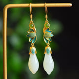 Silver Inlaid Enamel Porcelain Natural Hetian Magnolia Flower Earrings