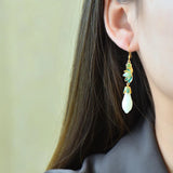 Silver Inlaid Enamel Porcelain Natural Hetian Magnolia Flower Earrings