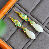 Silver Inlaid Enamel Porcelain Natural Hetian Magnolia Flower Earrings