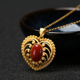 Silver Inlaid Heart-Shaped Pendant Necklace - Chinese Retro Jewelry