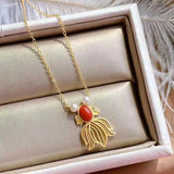 Silver Inlaid Enamel Porcelain Agate Fish Pendant Necklace