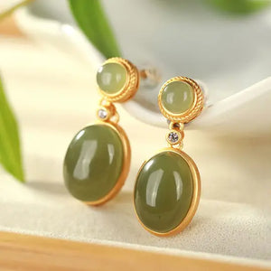 Silver Inlaid Hetian Chalcedony Earrings Chinese Retro Charm Women's Jewelry