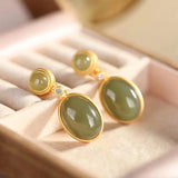 Silver Inlaid Hetian Chalcedony Earrings Chinese Retro Charm Women's Jewelry