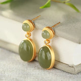 Silver Inlaid Hetian Chalcedony Earrings Chinese Retro Charm Women's Jewelry