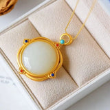 Chinese Retro Silver Inlaid Chalcedony Egg Face Pendant Necklace