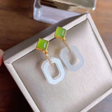 Silver Inlaid Hetian Chalcedony Geometric Earrings