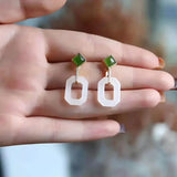 Silver Inlaid Hetian Chalcedony Geometric Earrings