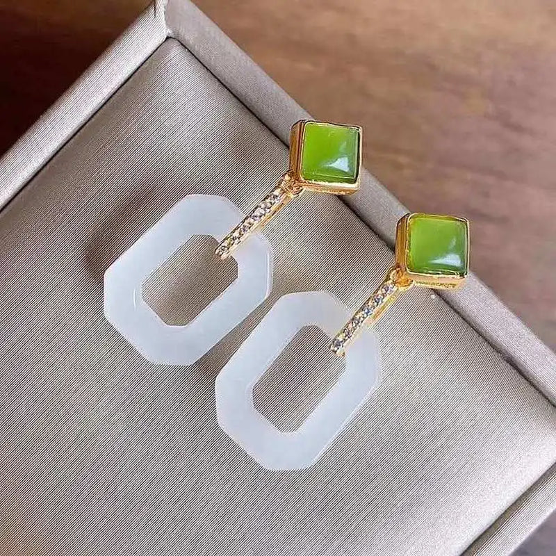 Silver Inlaid Hetian Chalcedony Geometric Earrings