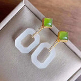 Silver Inlaid Hetian Chalcedony Geometric Earrings