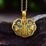 Chinese Silver Inlaid Chalcedony Pendant Necklace Sand Craft Jewelry