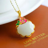 Silver Inlaid Hetian Chalcedony Plant Pendant Necklace