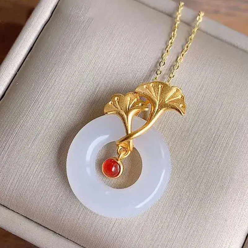 Hetian Lanzhi Jade Safety Ring Pendant Necklace Chinese Retro Women's Jewelry