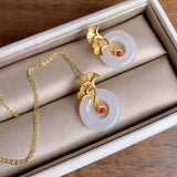 Hetian Lanzhi Jade Safety Ring Pendant Necklace Chinese Retro Women's Jewelry