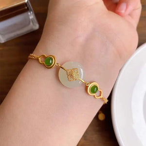 Silver Inlaid Hetian Chalcedony Gourd Bracelet Chinese Craft Charm Jewelry