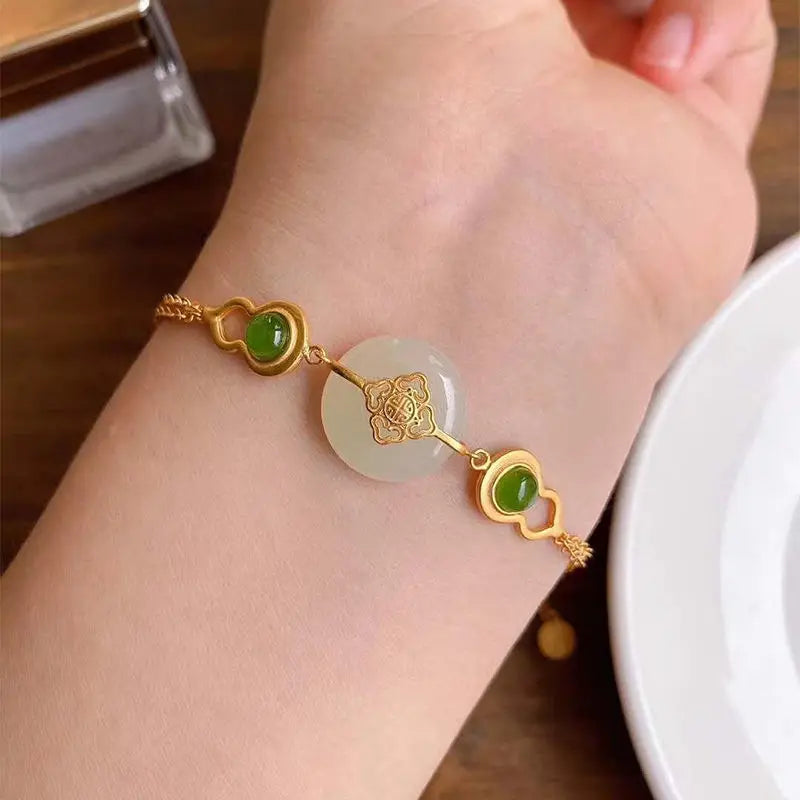 Silver Inlaid Hetian Chalcedony Gourd Bracelet Chinese Craft Charm Jewelry