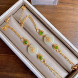 Silver Inlaid Hetian Chalcedony Gourd Bracelet Chinese Craft Charm Jewelry