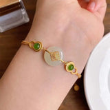Silver Inlaid Hetian Chalcedony Gourd Bracelet Chinese Craft Charm Jewelry