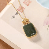 Silver Inlaid Hetian Chalcedony Pendant Necklace Retro Palace Charm Jewelry
