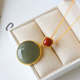 Silver Inlaid Hetian Jade Round Pendant Necklace Retro Charm Women's Jewelry