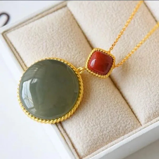 Silver Inlaid Hetian Jade Round Pendant Necklace Chinese Charm Women's Jewelry