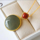Silver Inlaid Hetian Jade Round Pendant Necklace Chinese Charm Women's Jewelry