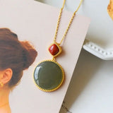 Silver Inlaid Hetian Jade Round Pendant Necklace Retro Charm Women's Jewelry